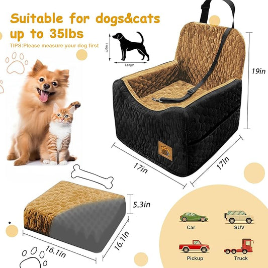 Dog Car Seat for Small/Medium Dogs, Memory Foam Dog Booster Seat, Travel Safety Per Car Seat with Washable Removable Cover, Storage Pockets for Dogs up to 35 lbs(BlackBrown)