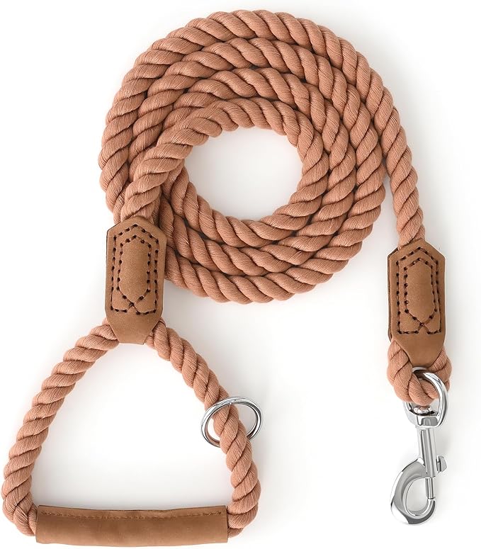 Mile High Life Dog Leash, Braided Cotton Rope Leashes with Leather Handle - Heavy Duty Metal Clasp, 6FT, 1/2" Thick - Wedding, Walking & Training Leash for Small Medium Large Dogs (Mocha Mousse)