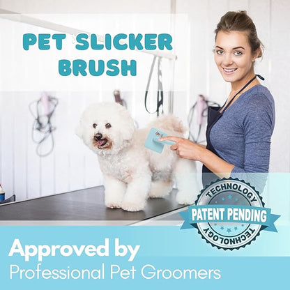 Pet Slicker Brush With Soft Massage Grooming Stainless Steel Pins - For Dematting, Shedding Fur, and Undercoat - Ideal Gift for Professional Pet Groomers - Long Slicker Brush (Blue, Curved Medium)
