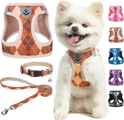 SCENEREAL Fall Thanksgiving Small Dog Harness and Leash Collar Set, Step in No Pull Plaid Puppy Harness for Small Dogs Outdoor Walking, Soft Mesh No Chock Reflective Vest Harness, Brown S