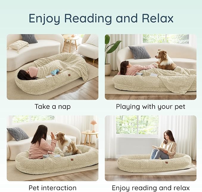 Human Dog Bed for Adult - Luxury Faux Fur Giant Size Dog Bed with Portable Handle, Egg Orthopedic Foam Bed with Blanket, 72"x40"x10", Linen