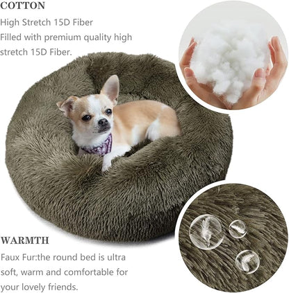 Calming Donut Dogs Beds for Small Dogs Washable,19inch Fluffy Round Puppy Bed for Puppies,Cats & Toy Breeds with Raised Rim,Fits up to 15 lbs Pets,Army Green