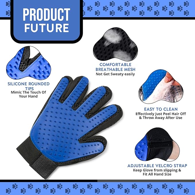 Pet Grooming Gloves – 1 Pair – Deshedding & Bath Massage Mitts for Dogs & Cats – Choose from 5 Colors – Adjustable, Reusable & Easy to Clean (Blue)