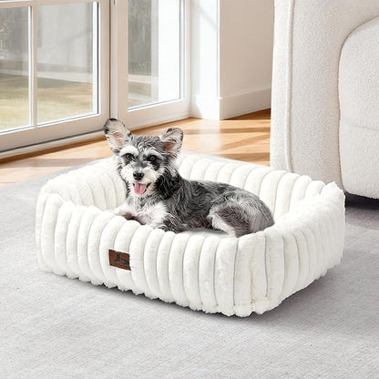 Warmrest Washable Dog Bed for Small Medium Dogs - Rectangle Orthopedic Corduroy Fleece Pet Bed with Removable Cover and Nonskid Bottom, Calming Puppy Bed Soft Pet Sofa, Cream(20x19x6inchs)