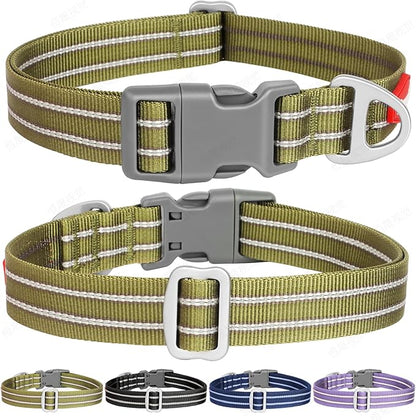 Tacwild Adjustable Reflective Dog Collar, Puppy Collar with D-Ring Buckle - Durable Safety Nylon Dog Collars for Medium Dogs (Green-M)