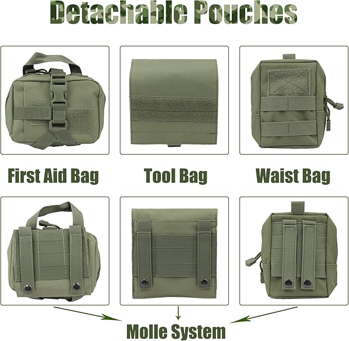 AIWAI Tactical Dog Harness with Pouches,Dog Vest Harness for Large Medium Dogs No-Pull Adjustable Military Dog Harness with Handle Walking Hiking Training (Army Green, M)