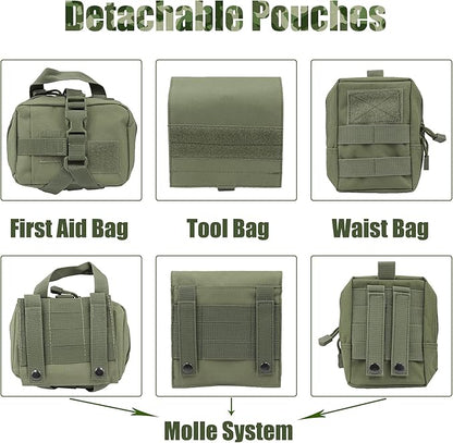 AIWAI Tactical Dog Harness with Pouches,Dog Vest Harness for Large Medium Dogs No-Pull Adjustable Military Dog Harness with Handle Walking Hiking Training (Army Green(with Leash), L)