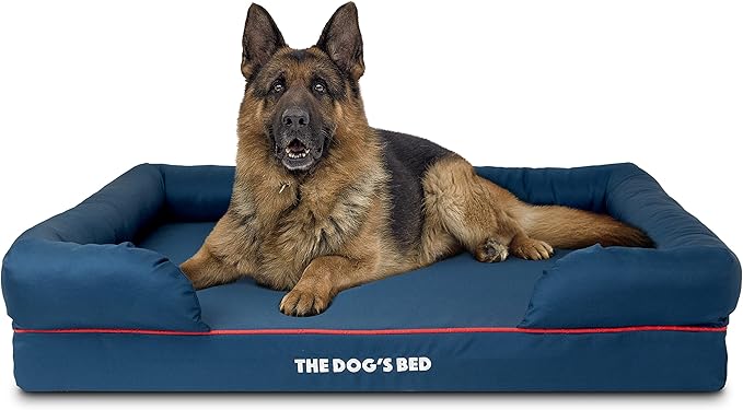 The Dog’s Bed Orthopedic Dog Bed XL Oxford Blue with Red Trim, Memory Foam, Pain Relief: Arthritis, Post Surgery, Lameness, Supportive, Waterproof Washable Cover, Veterinary Approved