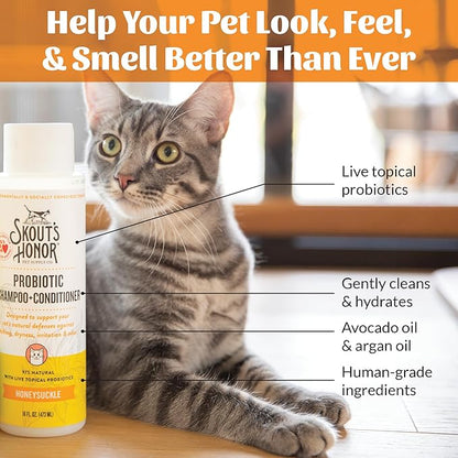Skout's Honor Probiotic Cat Shampoo & Conditioner with Avocado Oil & Omega-3s, 97% Natural, Paraben & Sulfate-Free, Cruelty-Free, 16oz, Honeysuckle, 2-Pack