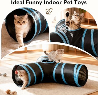 Tempcore Pet Tunnel Tube Cat Toys 3 Way Collapsible, Cat Tunnels for Indoor Cats，Kitty Tunnel Bored Cat Pet Toys Peek Hole Toy Ball, Puppy, Kitty, Kitten, Rabbit Blue Large Size