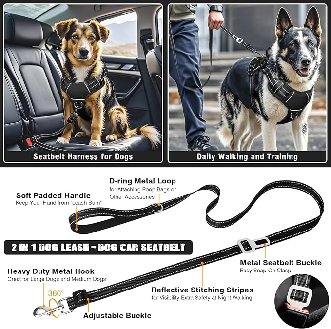 MOOGROU Tactical Dog Harness and Leash Set Small Sized Dog,Heavy Duty No Pull Service Dog Vest and 10 Patches with Dog Seat Belt,Reflective Adjustable Pet Harness for Training Walking Hiking Black S