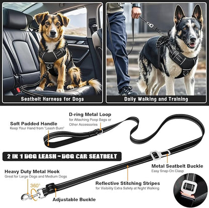MOOGROU Tactical Dog Harness and Leash Set Small Sized Dog,Heavy Duty No Pull Service Dog Vest and 10 Patches with Dog Seat Belt,Reflective Adjustable Pet Harness for Training Walking Hiking Black S