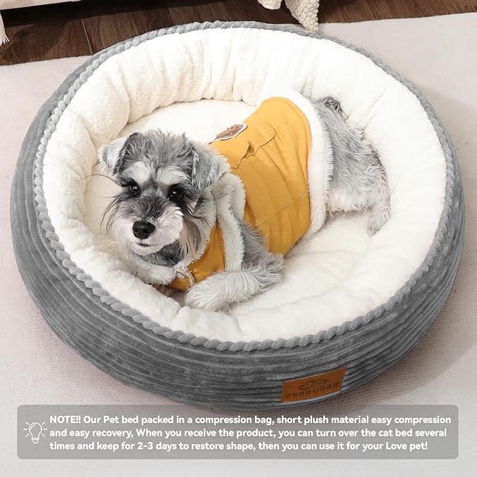 Zerbuger 23in Round Cat Dog Bed for Large Medium Small Dogs Cats, Machine Washable Sleeping Sofa, Non-Slip Bottom Breathable Soft Calming Pet Cuddler for Indoor/Outdoor/Car/Cage, Light Grey