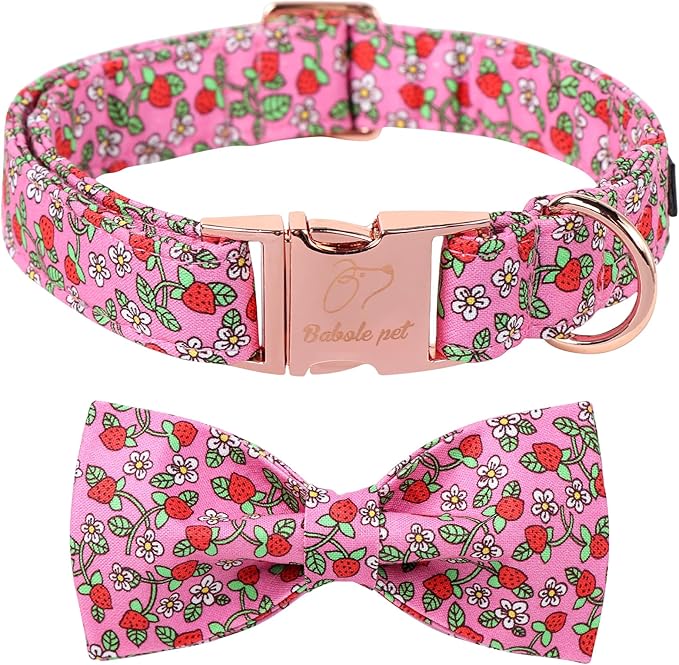 Cute Dog Collar with Bow Tie, Spring Summer Strawberry Bowtie Dog Collar, Durable Adjustable Cotton Pet Collar for Small Medium Large Dogs L