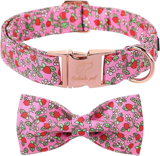 Cute Dog Collar with Bow Tie, Spring Summer Strawberry Bowtie Dog Collar, Durable Adjustable Cotton Pet Collar for Small Medium Large Dogs M