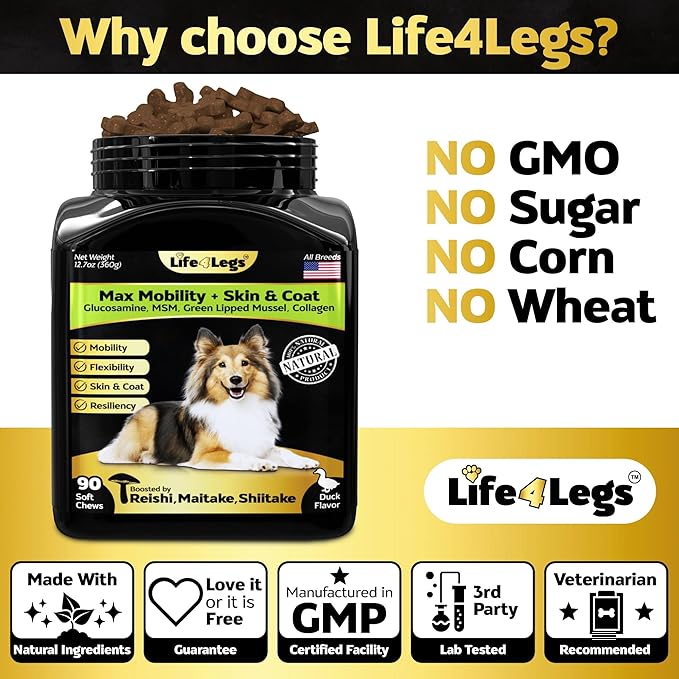 Life4Legs - Hip and Joint Chews for Dogs + Skin and Coat Supplement - Dog Joint Pain Relief Treats - Glucosamine, Chondroitin, MSM, Hemp Oil, Turmeric, Omega 3 for Dogs, Mobility Dog Health Supplies