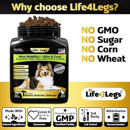 Life4Legs - Hip and Joint Chews for Dogs + Skin and Coat Supplement - Dog Joint Pain Relief Treats - Glucosamine, Chondroitin, MSM, Hemp Oil, Turmeric, Omega 3 for Dogs, Mobility Dog Health Supplies