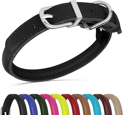 OOPSDOGGY Rolled Leather Dog Collar Soft Roll Collars for Small Medium Large Dogs Puppy (Black, XL, 17"-21")