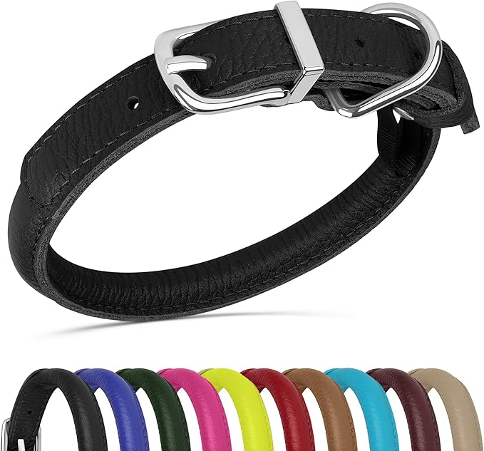 OOPSDOGGY Rolled Leather Dog Collar Soft Roll Collars for Small Medium Large Dogs Puppy (Black, M, 12"-15")