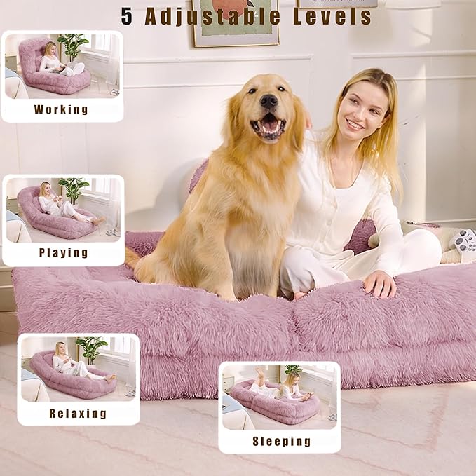 KEIKI 69" Plush Faux Fur Human Size Dog Bed, Oversized Foldable Human Dog Bed for Adults and Pets, Adjustable Lounge Sofa Bed with Cushions, Giant Dog Bed for Humans, Pink