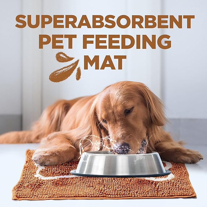 Soggy Doggy Slopmat - Caramel Brown/Oatmeal Bone - 18” x 24″ - Water Absorbing Door Mat for Muddy Paws and Food/Water Bowls - Microfiber Chenille Small Doormat - Machine Washable