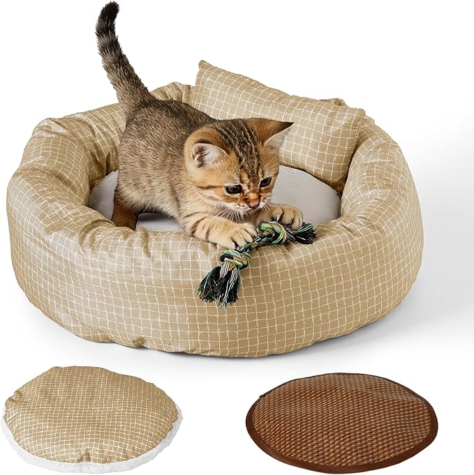 Colewin Small Cat Bed for Indoor Cats Dogs, Washable Round Donut Pet Bed for Puppies Kittens, Cute Rabbit Bunny Beds with Reversible Winter & Summer Cushion for Pets Up to 8lbs (Yellow)