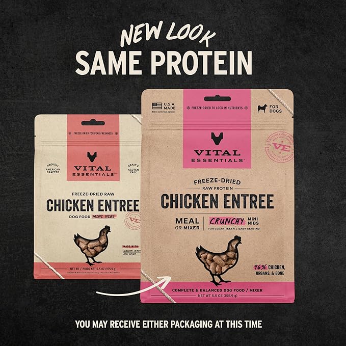 Vital Essentials Freeze-Dried Raw Dog Food, Chicken Crunchy Mini Nibs | Complete Meal or Mixer | High Protein Dog Food | 5.5 oz