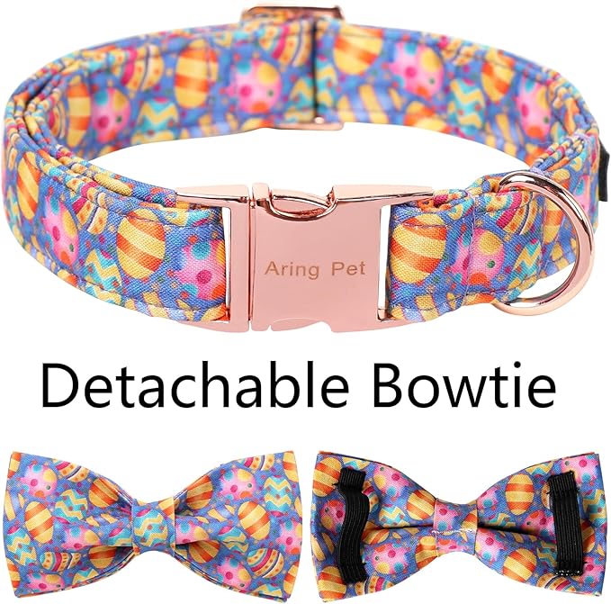 ARING PET Easter Dog Collar, Cute Purple Easter Eggs Pet Collars with Bow Tie for Puppy Small Medium Large Dogs-M