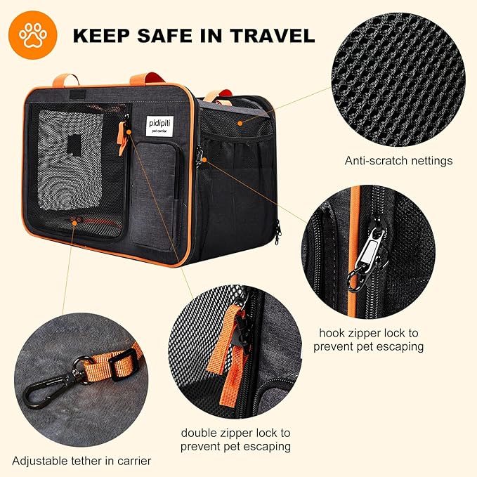 Pidipiti 20 x 14 x 14 Expandable cat car Travel Carrier for 1 Small-Medium cat,with a Portable Leakproof Small cat Litter Box