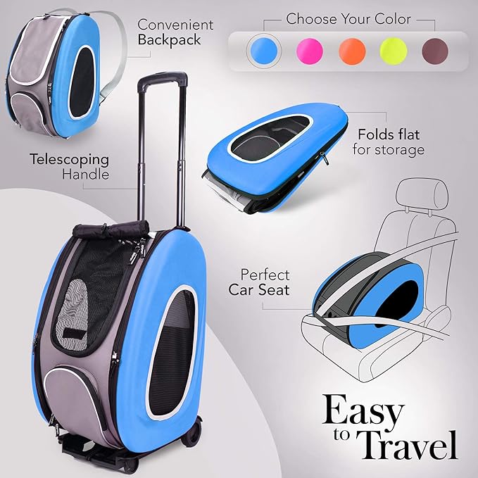5-in-1 Pet Carrier with Backpack, Pet Carrier Stroller, Shoulder Strap, Carriers with Wheels for Dogs and Cats - Blue