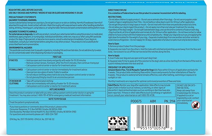 Amazon Basics Preventative Flea, Tick & Mosquito Topical Treatment for Medium Dogs (11-20 pounds), 6 Count, Packaging May Vary
