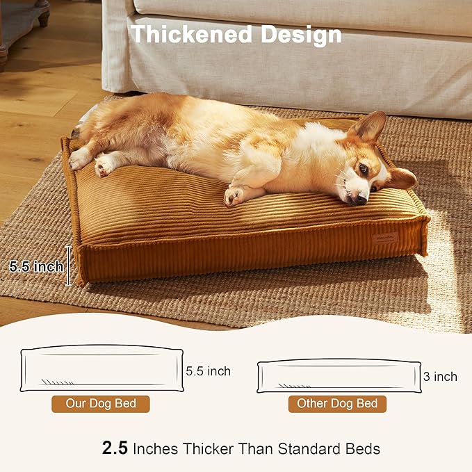 FUKUMARU 5.5-Inch Thick Dog Bed Mat, Washable Cat Bed with Waterproof Lining, Orthopedic Dog Beds for Senior Dogs, Cozy Flat Dog Kennel Bed for Crate, Non-Slip Pet Pillow Bed, Yellow