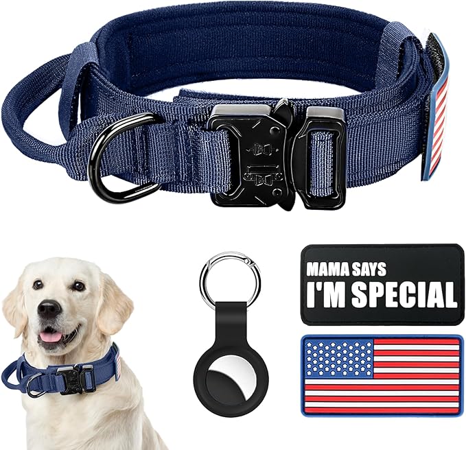 Tactical Military Collar - Adjustable Nylon, Heavy Duty Metal Buckle with Handle for Dog Training, with Patches (Blue, M)