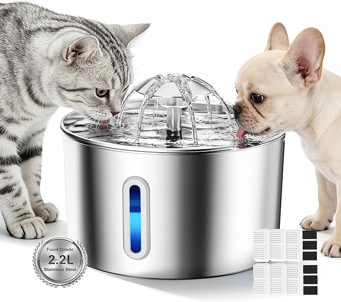 Cat Water Fountain Stainless Steel - 74oz/2.2L Corded Pet Water Dispenser Automatic Silent Cats Dispenser for Drinking Inside Indoor Metal Kitty Spout Fountain with 6 Filters & 6 Sponges