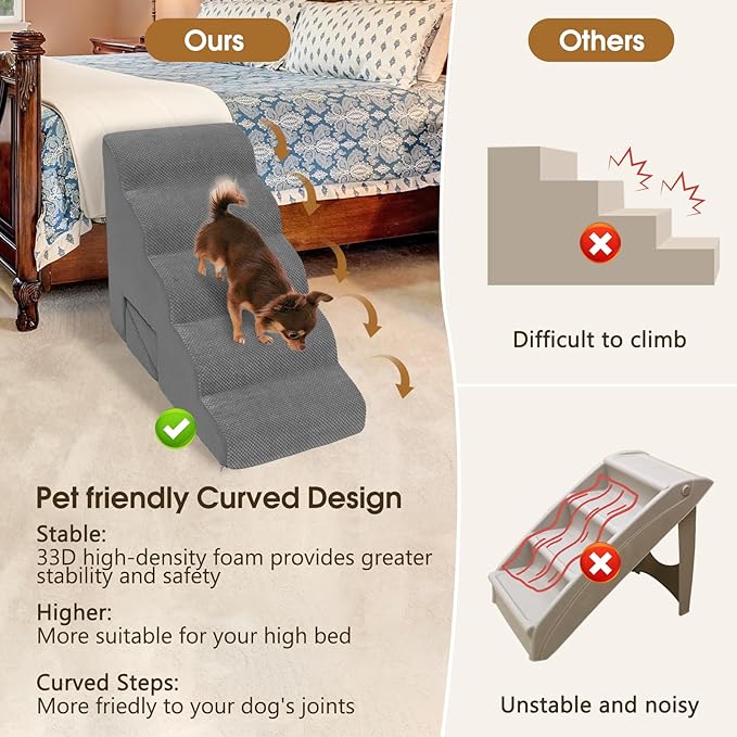 MALOROY Dog Stairs for High Beds 20-24 inches Tall, 5-Step Dog Steps for Bed for Small Dogs, Doggie Ramp for Bed, 30D Foam Pet Stairs for Old Dogs/Cats for Bedsides Climbing, Free-Installation, Grey