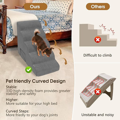 MALOROY Dog Stairs for High Beds 20-24 inches Tall, 5-Step Dog Steps for Bed for Small Dogs, Doggie Ramp for Bed, 30D Foam Pet Stairs for Old Dogs/Cats for Bedsides Climbing, Free-Installation, Grey