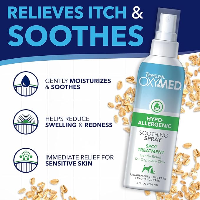 TropiClean OxyMed Hypoallergenic Hot Spot Treatment for Dogs, Dog Allergy Relief Spray, Gently Soothes Skin Irritation, Helps Alleviate Scratching, Chewing & Licking, Safe for Cats, 8oz.