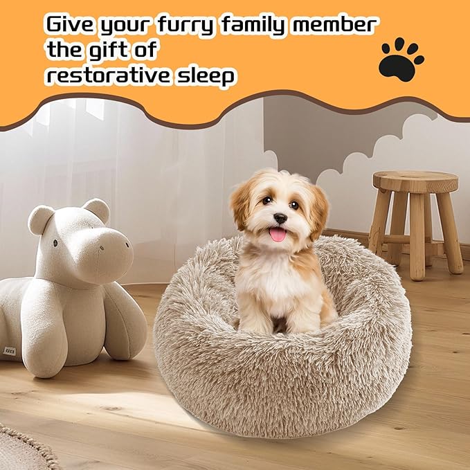 Comfort Donut Dog Bed for Small Dogs, Cat Bed & Pet Bed for Indoor Use, Medium Size with Soft Plush, Round Dog Beds for Large Dogs and Cats (Khaki, 20''Lx20''Wx8''Th)