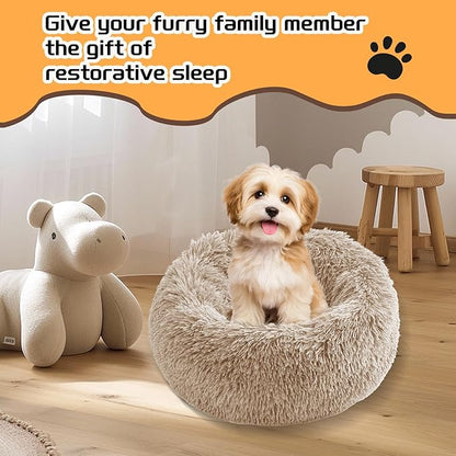 Comfort Donut Dog Bed for Small Dogs, Cat Bed & Pet Bed for Indoor Use, Medium Size with Soft Plush, Round Dog Beds for Large Dogs and Cats (Khaki, 20''Lx20''Wx8''Th)