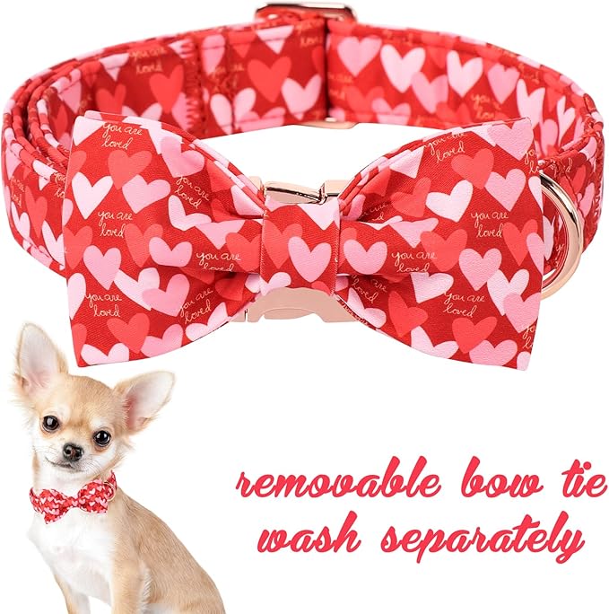Unique Style Paws Valentine's Dog Collar with Bow Love Heart Cotton Puppy Collars Wedding for Small Medium Large Dogs