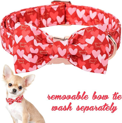 Unique Style Paws Valentine's Dog Collar with Bow Love Heart Cotton Puppy Collars Wedding for Small Medium Large Dogs