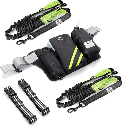 SHINE HAI Retractable Hands Free Dog Leash with Dual Bungees for 2 Dogs, Adjustable Waist Belt, Reflective Stitching Leash for Running Walking Hiking Jogging Biking Black - Green
