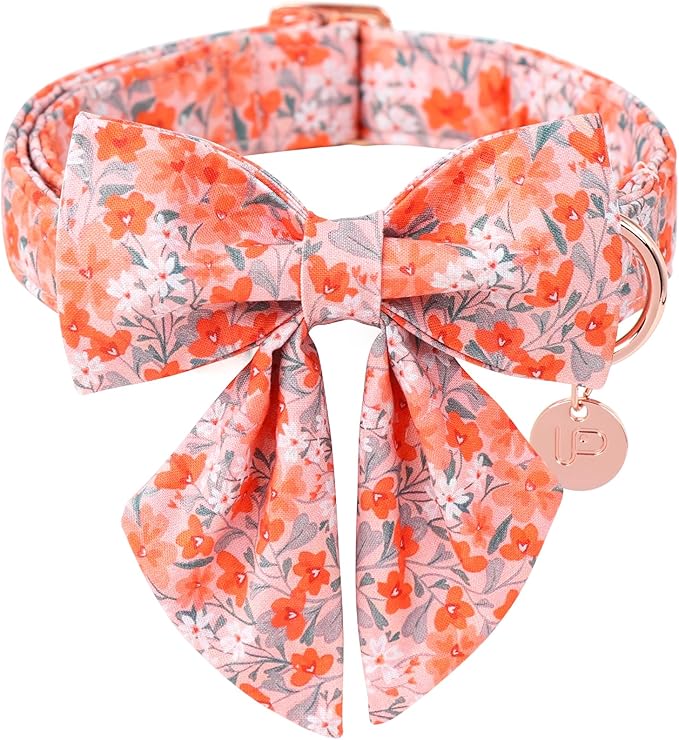 Orange Flower Bowtie Dog Collar - Summer Collar for Puppy Boy Girl, Comfortable Cotton With Metal Buckle, M