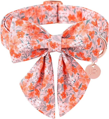 Orange Flower Bowtie Dog Collar - Summer Collar for Puppy Boy Girl, Comfortable Cotton With Metal Buckle, M