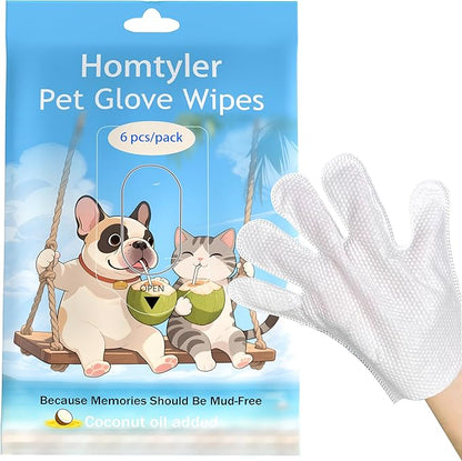 Dog Wipes & Cleaning Gloves 2-in-1 for Dogs and Cats, Extra-Thick Pet Wipes with Coconut Oil for Lick-Safe Paws, Eyes, Ears & Body, Rinse-Free Waterless Bath for Deodorizing&Cleansing, 6 PCS