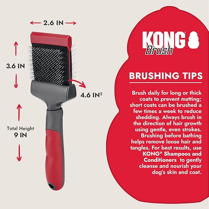 KONG Double-Sided Flexible Slicker Brush – De-Shedding & Detangling Tool, Padded Grip, Long Metal Pins, Flexible Head, for Medium to Large Dogs with Medium to Long Coats, Red/Gray