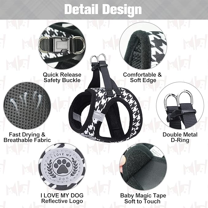 BEAUTYZOO Small Dog Harness and Leash Set,Step in No Choke No Pull Soft Mesh Dog Harnesses Reflective for Extra Small Medium Puppy Dogs and Cats, Plaid Dog Vest Harness for XS S Pets, Black XS