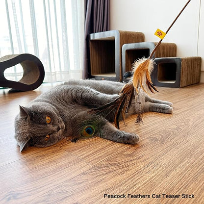 TTcat Cat Wand Toys Natural Huge Feather Stick Toys,3 Pcs Extra Long Teaser Sticks with Different Feathers (Ostrich, Peacock, Chicken),Interactive Toys for Indoor Cat and Kitten.