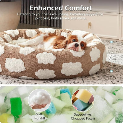 JOEJOY Donut Cat Beds for Indoor Cats, Round Calming Small Dog Bed with Removable Washable Cover, Orthopedic Cute Puppy Kitten Pet Bed with Jacquard Shaggy Plush & Non Skid Bottom, Black