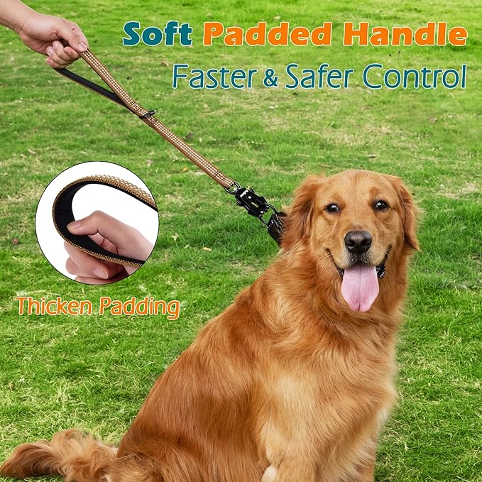 PetBonus Heavy Duty Short Dog Leash, 18 Inch Nylon Traffic Leash with Quick Release Clip, Comfortable Padded Handle, Reflective Training Lead for Medium Large Dogs (Brown, 18")